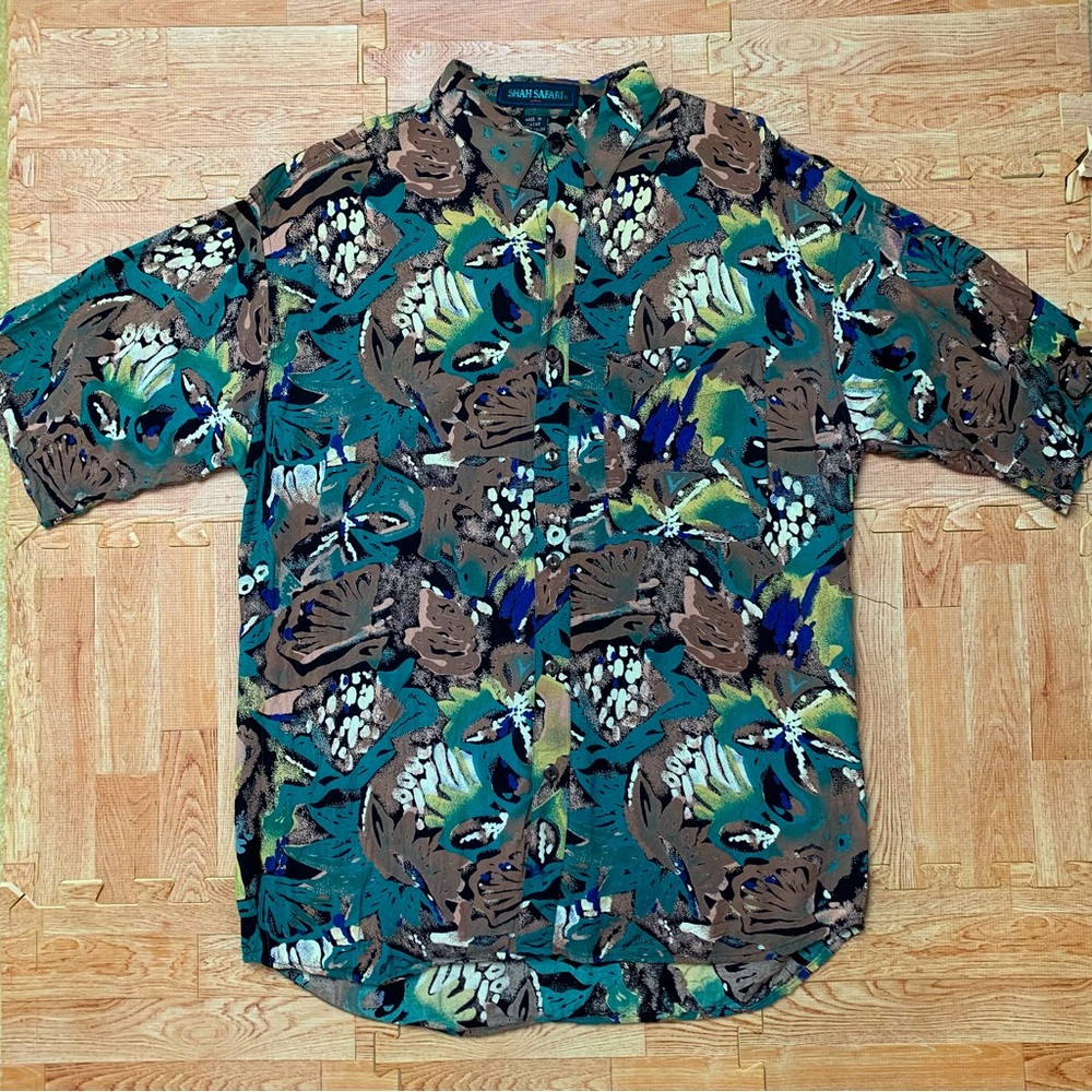 VTG Shah Safari Rayon Shirt Green Men's Large Button Up Funky 80s Camp Hawaiian